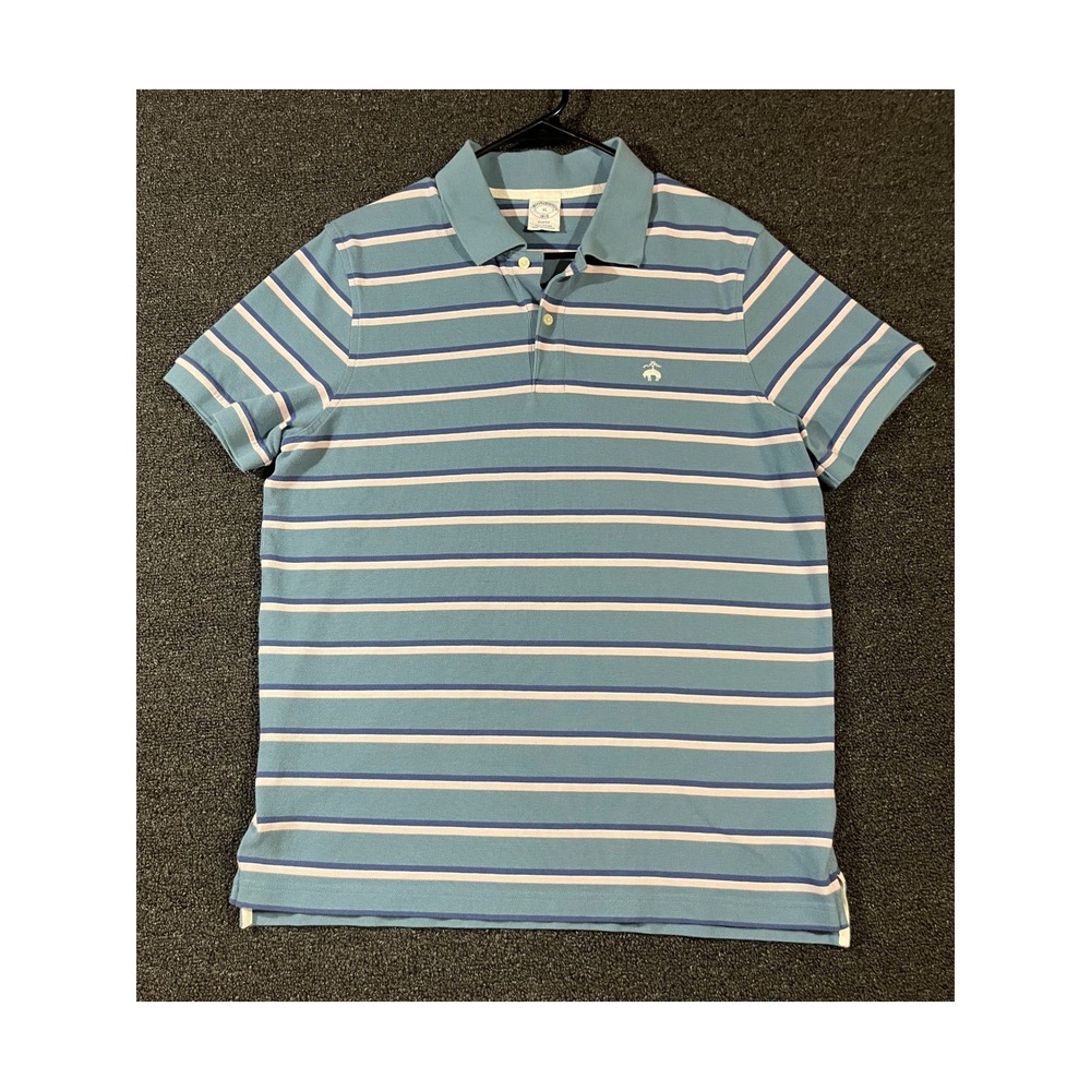 Brooks Brothers Mens XL Slim Fit Striped Pique Polo Shirt Blue Pink 1818 Logo